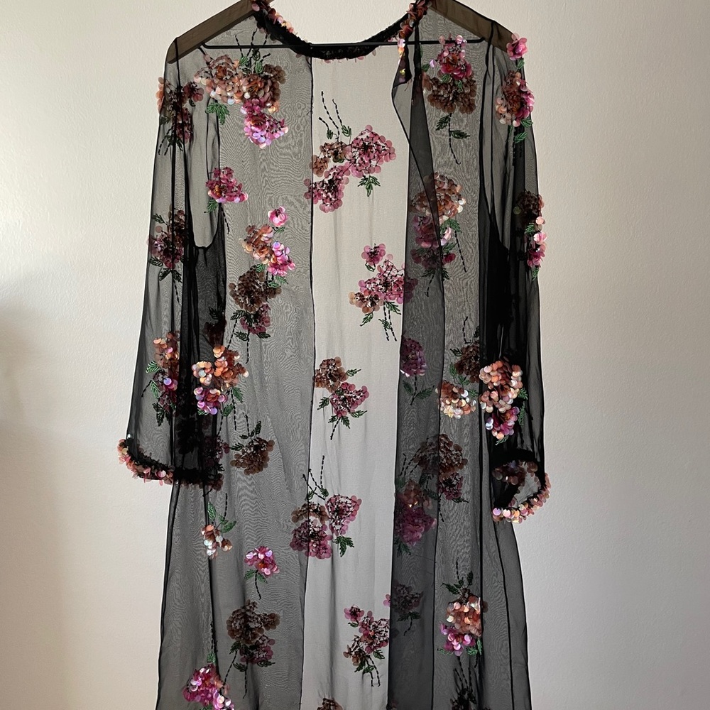 VINTAGE SHEER SEQUINED FLORAL CARDIGAN